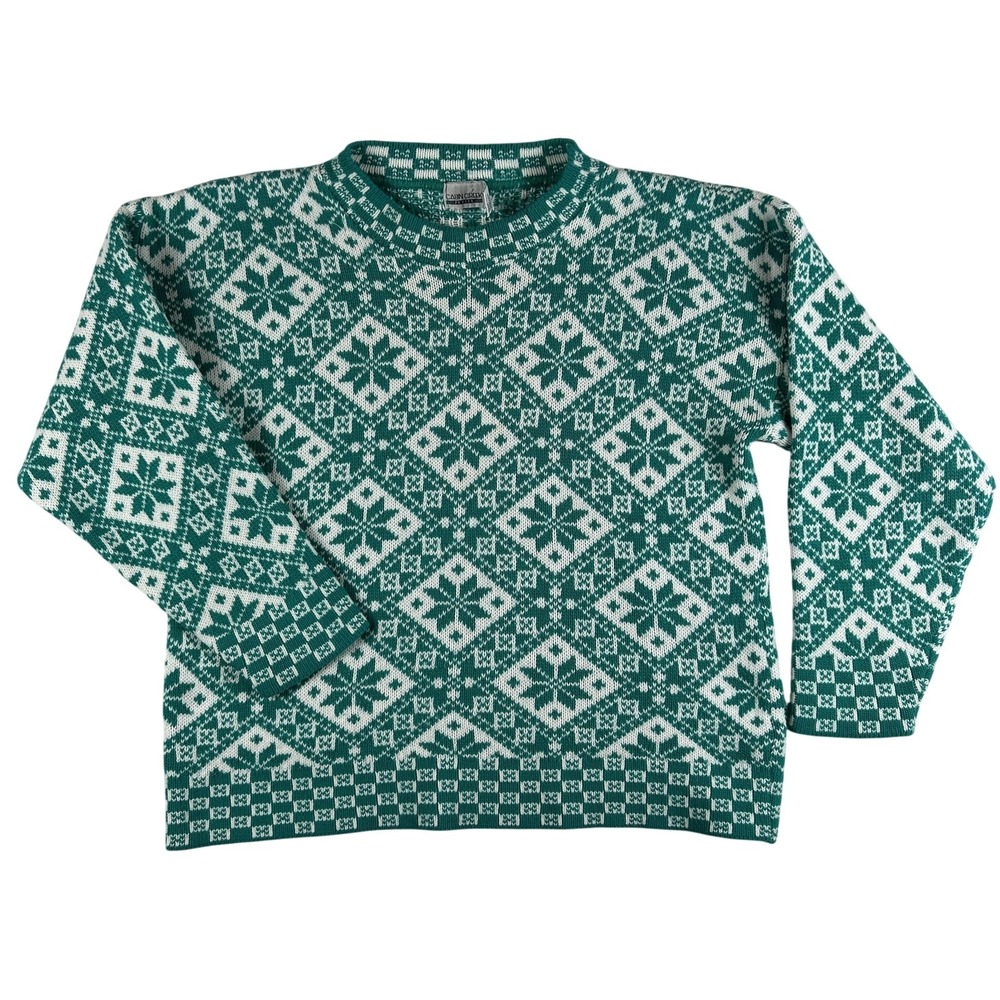 Vintage‎ Cabin Creek Sweater Womens M/L Green Fair Isle Ski Snowflake Pullover